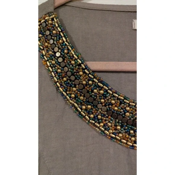 Lina Tomei Made in Italy Linen Dress Womens M Taupe Beaded Neck Shift Pockets - Picture 3 of 8